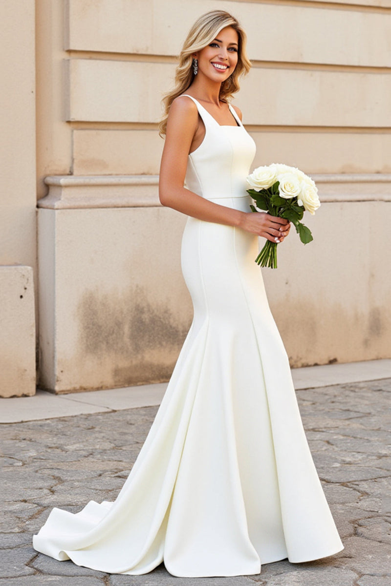Load image into Gallery viewer, Simple Ivory Satin Square Neck Sweep Train Mermaid Wedding Dress