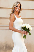 Load image into Gallery viewer, Simple Ivory Satin Square Neck Sweep Train Mermaid Wedding Dress