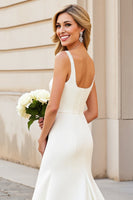 Load image into Gallery viewer, Simple Ivory Satin Square Neck Sweep Train Mermaid Wedding Dress