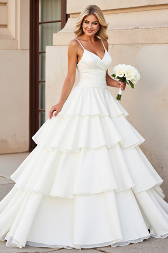 Ivory Satin Spaghetti Straps Sweep Train Ball Gwon Wedding Dress with Ruffle