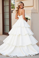Load image into Gallery viewer, Ivory Satin Spaghetti Straps Sweep Train Ball Gwon Wedding Dress with Ruffle