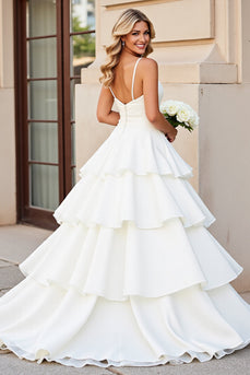 Ivory Satin Spaghetti Straps Sweep Train Ball Gwon Wedding Dress with Ruffle