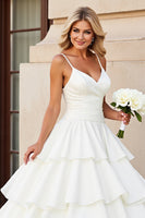 Load image into Gallery viewer, Ivory Satin Spaghetti Straps Sweep Train Ball Gwon Wedding Dress with Ruffle