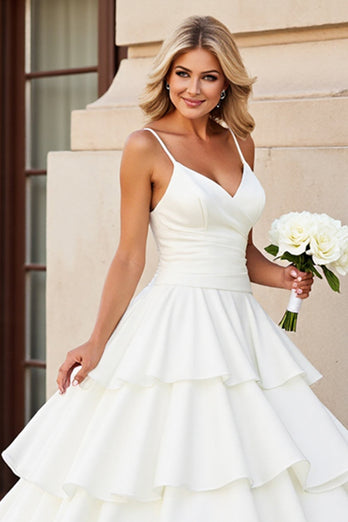 Ivory Satin Spaghetti Straps Sweep Train Ball Gwon Wedding Dress with Ruffle