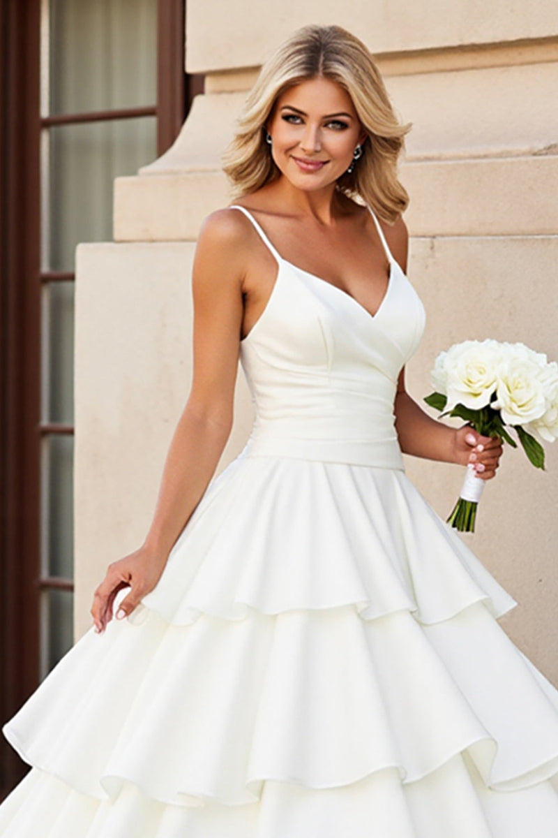 Load image into Gallery viewer, Ivory Satin Spaghetti Straps Sweep Train Ball Gwon Wedding Dress with Ruffle