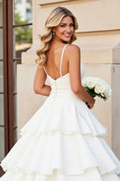 Load image into Gallery viewer, Ivory Satin Spaghetti Straps Sweep Train Ball Gwon Wedding Dress with Ruffle