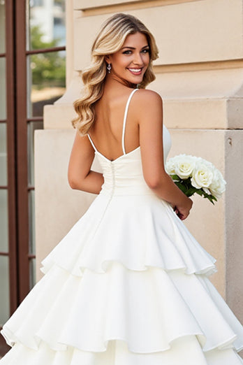 Ivory Satin Spaghetti Straps Sweep Train Ball Gwon Wedding Dress with Ruffle