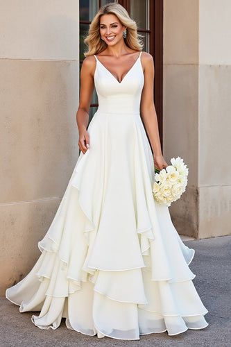 Ivory Chiffon Spaghetti Straps Floor Length Boho Wedding Dress with Ruffles