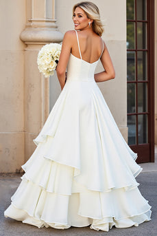 Ivory Chiffon Spaghetti Straps Floor Length Boho Wedding Dress with Ruffles