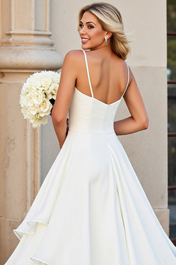 Ivory Chiffon Spaghetti Straps Floor Length Boho Wedding Dress with Ruffles