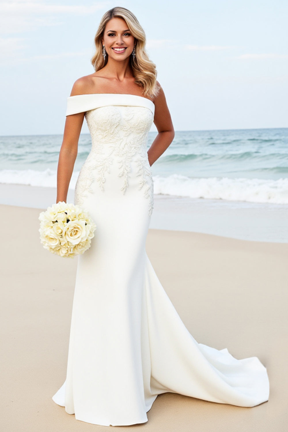 White Satin One Shoulder Sweep Train Mermaid Wedding Dress with Appliques