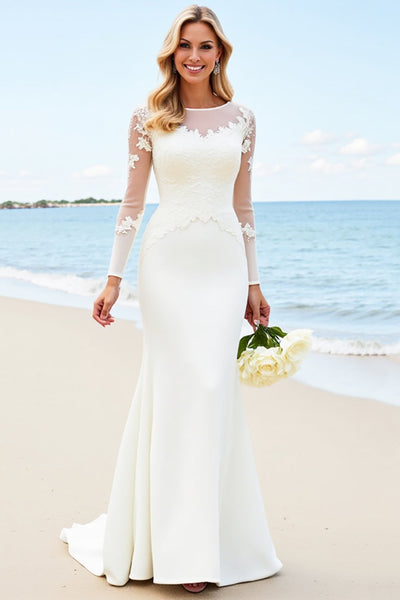 Ivory Satin Illusion Boat Neck Sweep Train Mermaid Wedding Dress with Lace