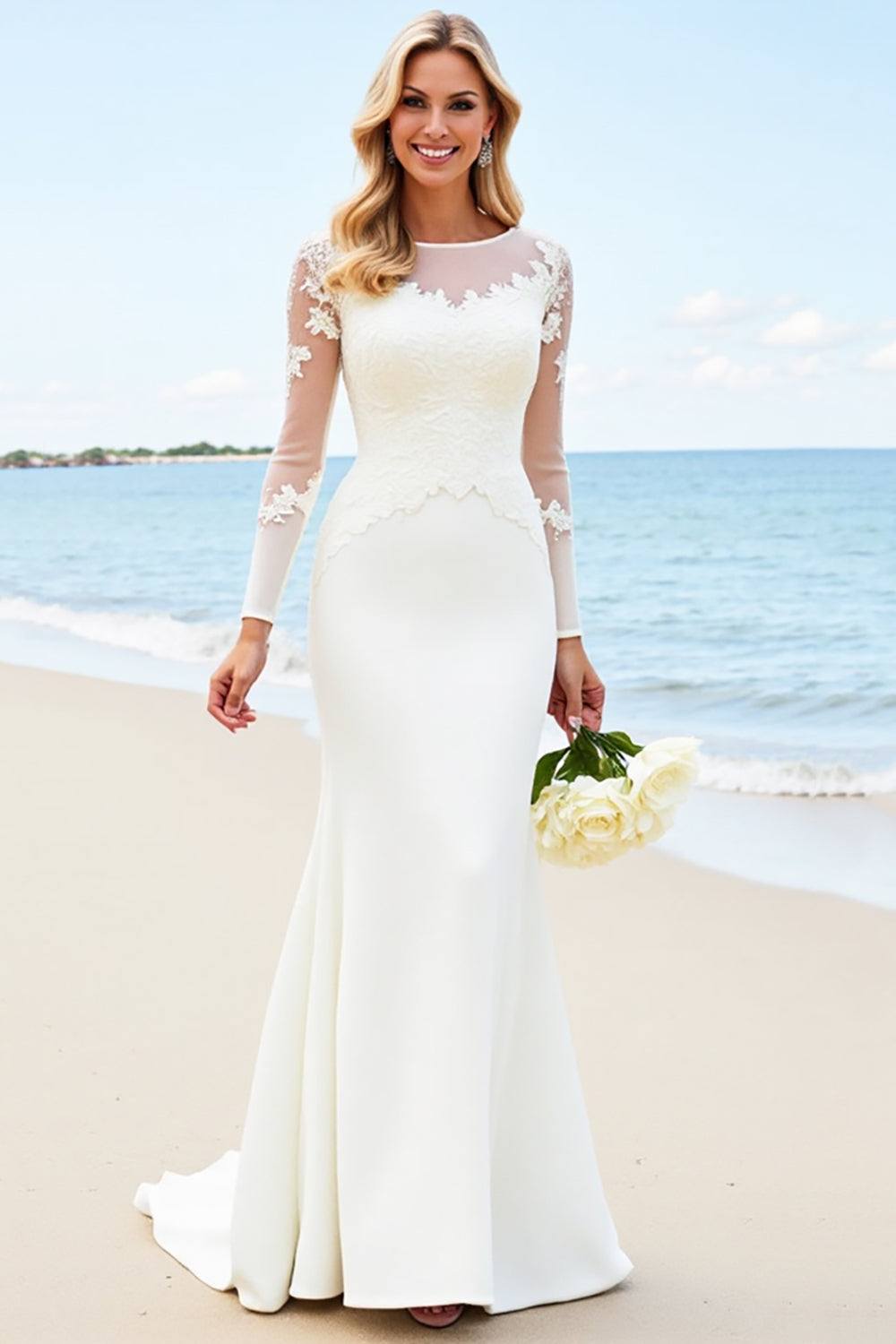 Ivory Satin Illusion Boat Neck Sweep Train Mermaid Wedding Dress with Lace