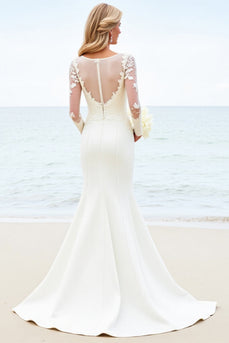 Ivory Satin Illusion Boat Neck Sweep Train Mermaid Wedding Dress with Lace