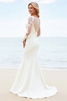 Load image into Gallery viewer, Ivory Satin Illusion Boat Neck Sweep Train Mermaid Wedding Dress with Lace