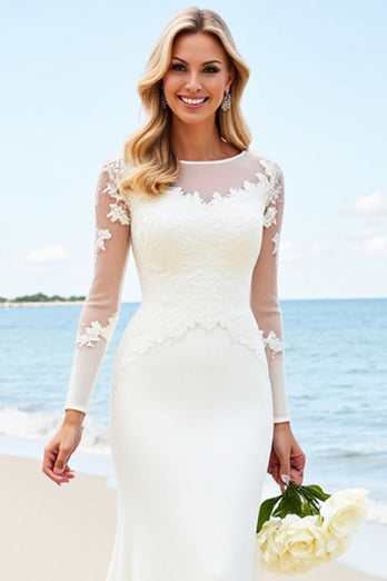 Ivory Satin Illusion Boat Neck Sweep Train Mermaid Wedding Dress with Lace