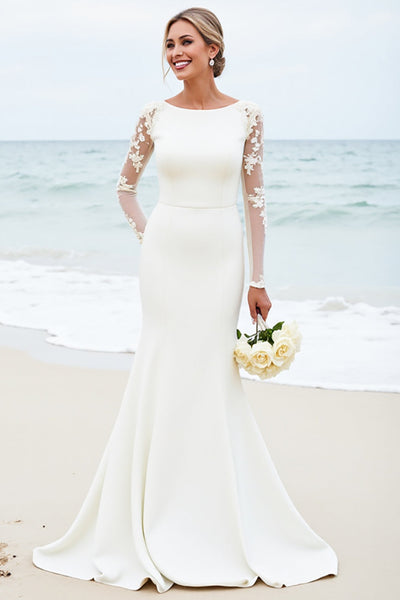 Ivory Satin Boat Neck Sweep Train Mermaid Wedding Dress with Lace