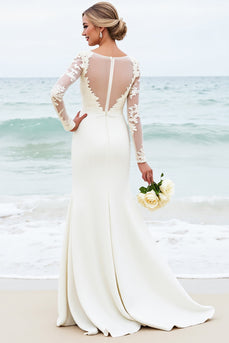 Ivory Satin Boat Neck Sweep Train Mermaid Wedding Dress with Lace