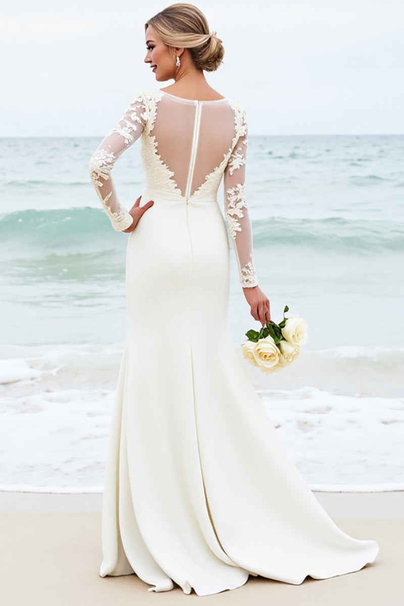 Load image into Gallery viewer, Ivory Satin Boat Neck Sweep Train Mermaid Wedding Dress with Lace