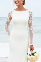 Load image into Gallery viewer, Ivory Satin Boat Neck Sweep Train Mermaid Wedding Dress with Lace