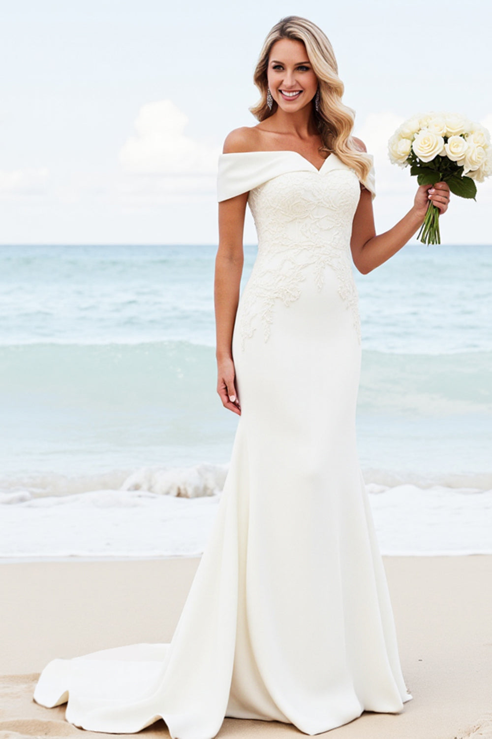 Simple Ivory Satin Off the Shoulder Sweep Train Mermaid Wedding Dress with Lace
