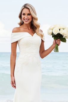 Simple Ivory Satin Off the Shoulder Sweep Train Mermaid Wedding Dress with Lace
