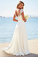 Load image into Gallery viewer, Ivory Illusion Boat Neck Sweep Train Boho Wedding Dress with Lace