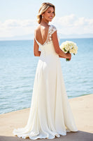Load image into Gallery viewer, Ivory Illusion Boat Neck Sweep Train Boho Wedding Dress with Lace