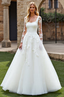 Load image into Gallery viewer, Ivory Organza Square Neck Sweep Train Ball Gwon Wedding Dress with Lace