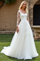 Load image into Gallery viewer, Ivory Organza Square Neck Sweep Train Ball Gwon Wedding Dress with Lace
