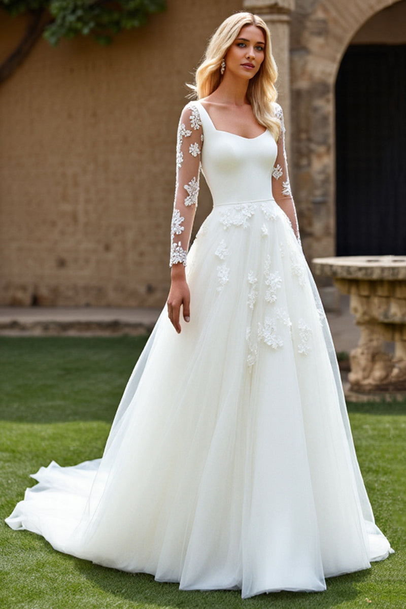 Load image into Gallery viewer, Ivory Organza Square Neck Sweep Train Ball Gwon Wedding Dress with Lace