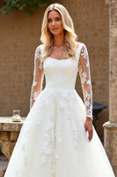 Load image into Gallery viewer, Ivory Organza Square Neck Sweep Train Ball Gwon Wedding Dress with Lace