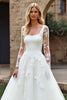 Load image into Gallery viewer, Ivory Organza Square Neck Sweep Train Ball Gwon Wedding Dress with Lace