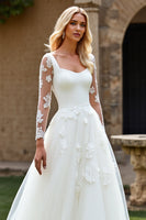 Load image into Gallery viewer, Ivory Organza Square Neck Sweep Train Ball Gwon Wedding Dress with Lace