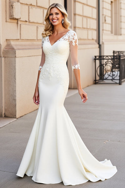Simple Ivory Satin V Neck Sweep Train Mermaid Wedding Dress with Lace