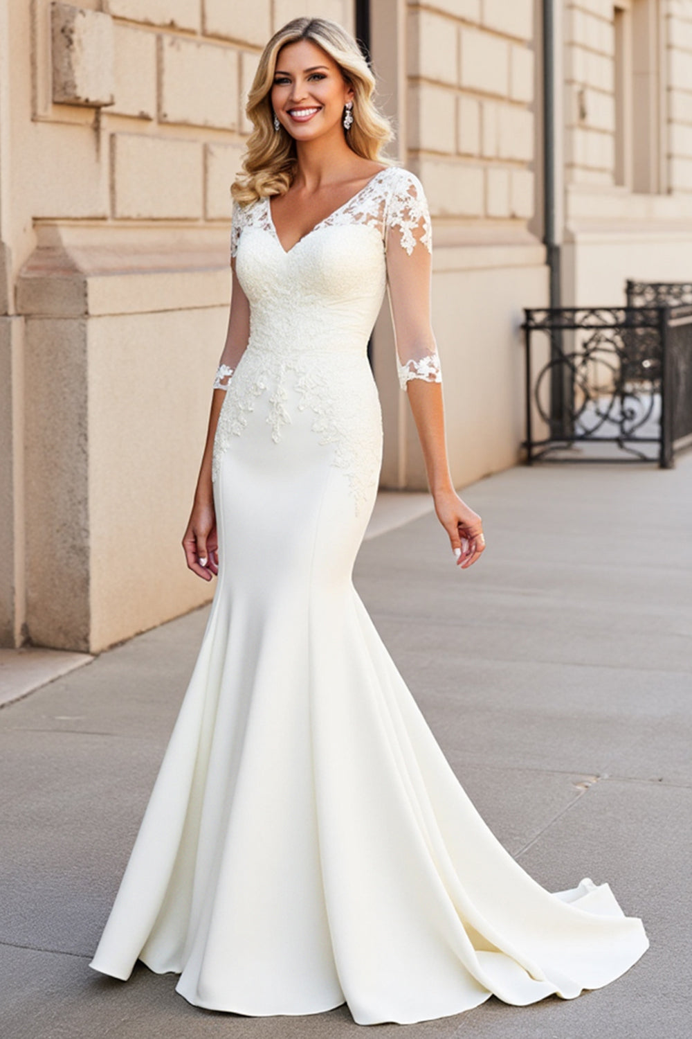 Simple Ivory Satin V Neck Sweep Train Mermaid Wedding Dress with Lace
