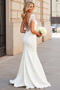 Simple Ivory Satin V Neck Sweep Train Mermaid Wedding Dress with Lace