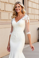 Load image into Gallery viewer, Simple Ivory Satin V Neck Sweep Train Mermaid Wedding Dress with Lace