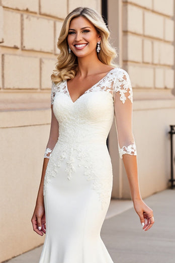 Simple Ivory Satin V Neck Sweep Train Mermaid Wedding Dress with Lace