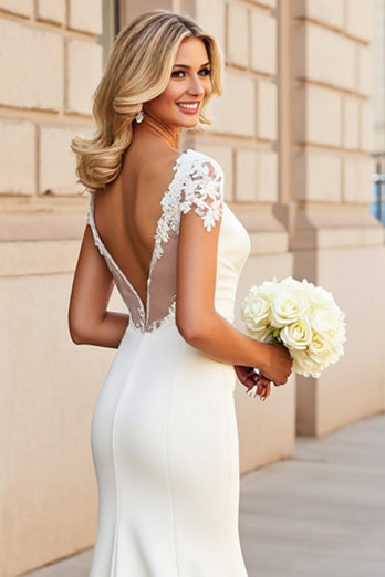 Simple Ivory Satin V Neck Sweep Train Mermaid Wedding Dress with Lace