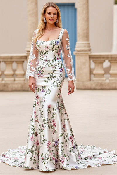 Ivory Flower Satin Square Neck Sweep Train Mermaid Wedding Dress with Lace