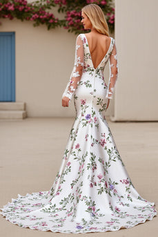 Ivory Flower Satin Square Neck Sweep Train Mermaid Wedding Dress with Lace