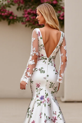 Ivory Flower Satin Square Neck Sweep Train Mermaid Wedding Dress with Lace