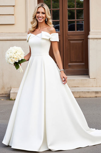 Simple Ivory Satin Off the Shoulder Sweep Train Wedding Dress with Bow