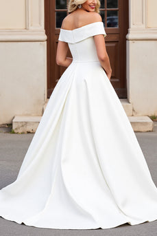 Simple Ivory Satin Off the Shoulder Sweep Train Wedding Dress with Bow