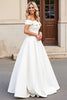 Load image into Gallery viewer, Simple Ivory Satin Off the Shoulder Sweep Train Wedding Dress with Bow