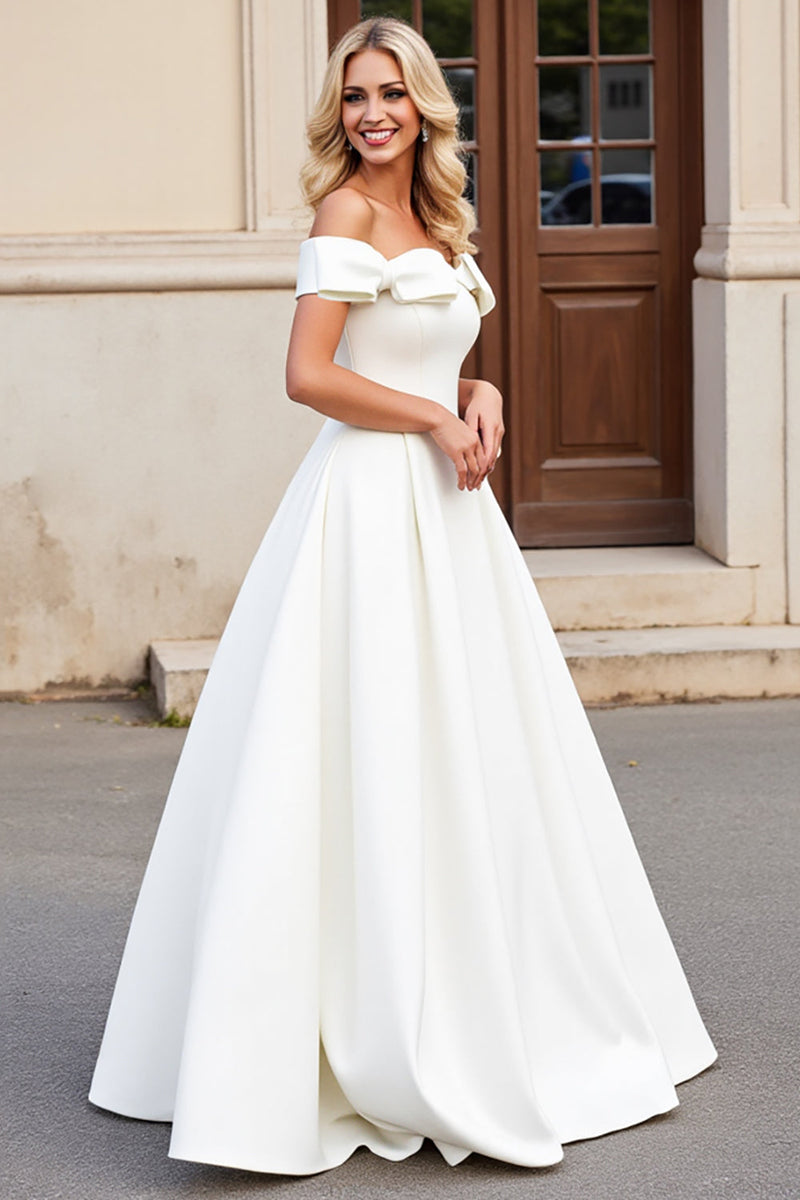Load image into Gallery viewer, Simple Ivory Satin Off the Shoulder Sweep Train Wedding Dress with Bow