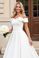 Load image into Gallery viewer, Simple Ivory Satin Off the Shoulder Sweep Train Wedding Dress with Bow