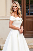 Load image into Gallery viewer, Simple Ivory Satin Off the Shoulder Sweep Train Wedding Dress with Bow
