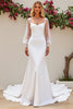 Load image into Gallery viewer, Ivory Satin Scoop Neck Sweep Train Mermaid Wedding Dress with Lace